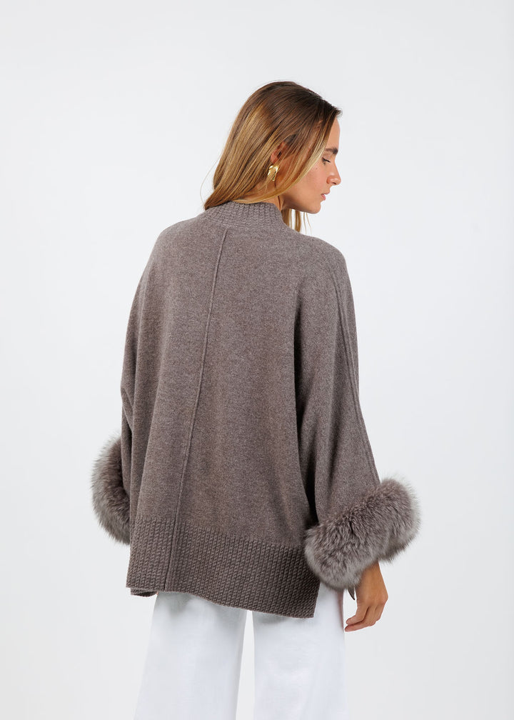 BK Eliza Cashmere Fox Trim Poncho in Portabello available at Barbara Katz