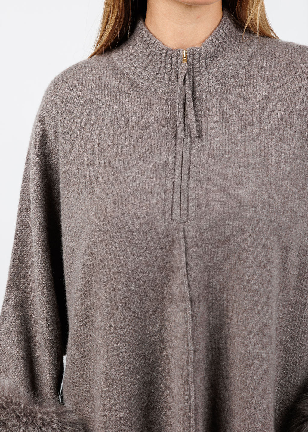 BK Eliza Cashmere Fox Trim Poncho in Portabello available at Barbara Katz
