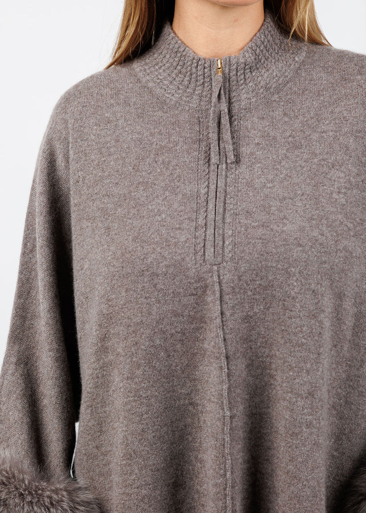 BK Eliza Cashmere Fox Trim Poncho in Portabello available at Barbara Katz