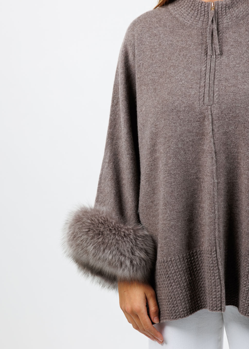 BK Eliza Cashmere Fox Trim Poncho in Portabello available at Barbara Katz