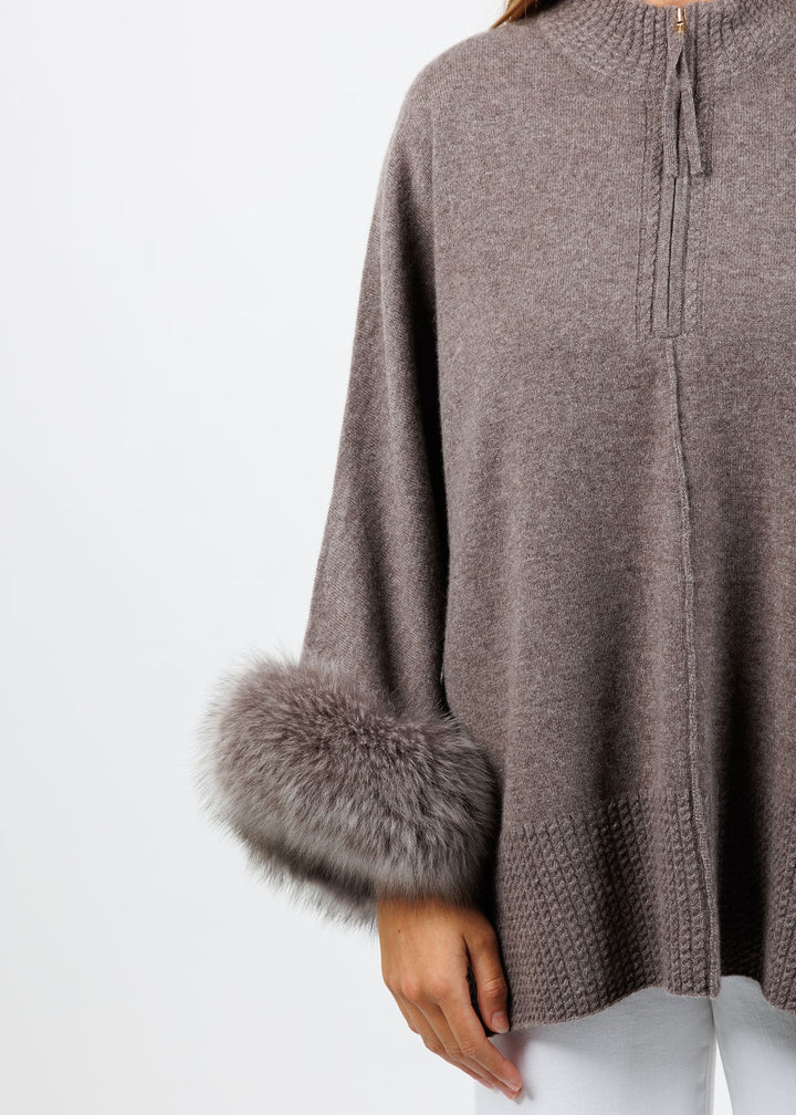 BK Eliza Cashmere Fox Trim Poncho in Portabello available at Barbara Katz