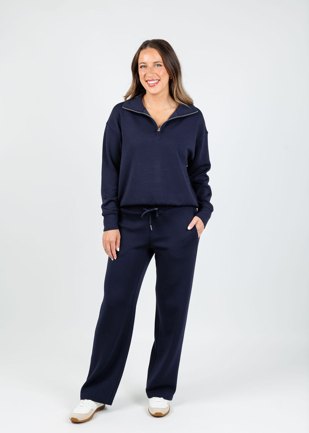 Elliott Lauren Comfort Zone Zip Sweatshirt in Navy paired with matching Comfort Zone Sweatpants available at Barbara Katz