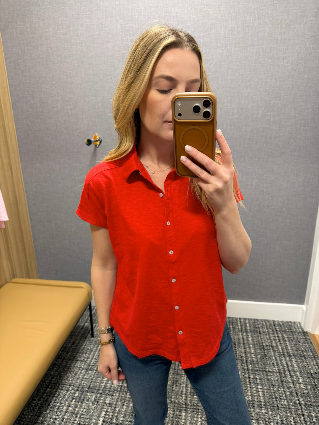 Elliott Lauren Bella Button Front Tee in Cherry Red available at Barbara Katz