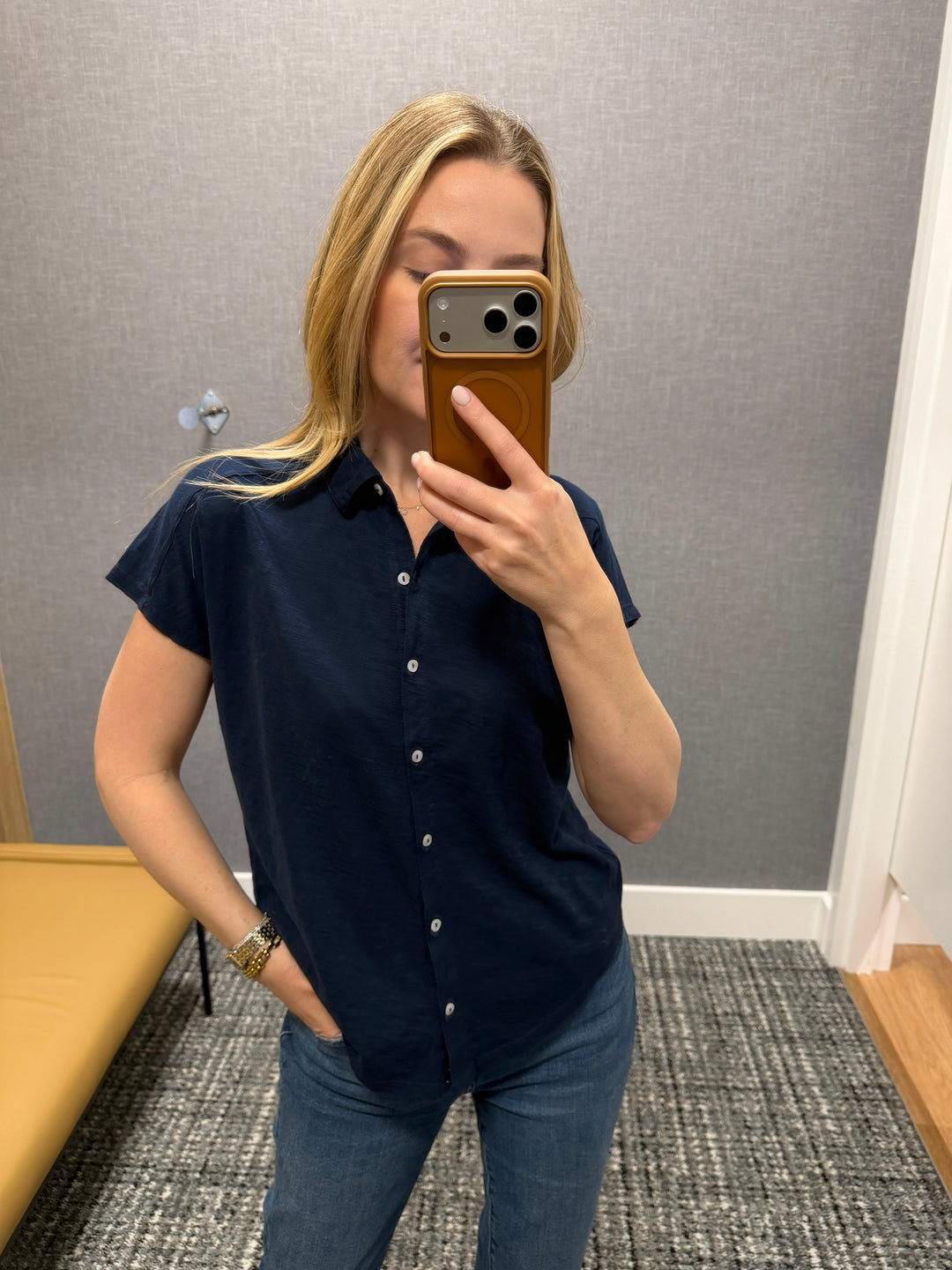 Elliott Lauren Bella Button Front Tee in Navy available at Barbara Katz