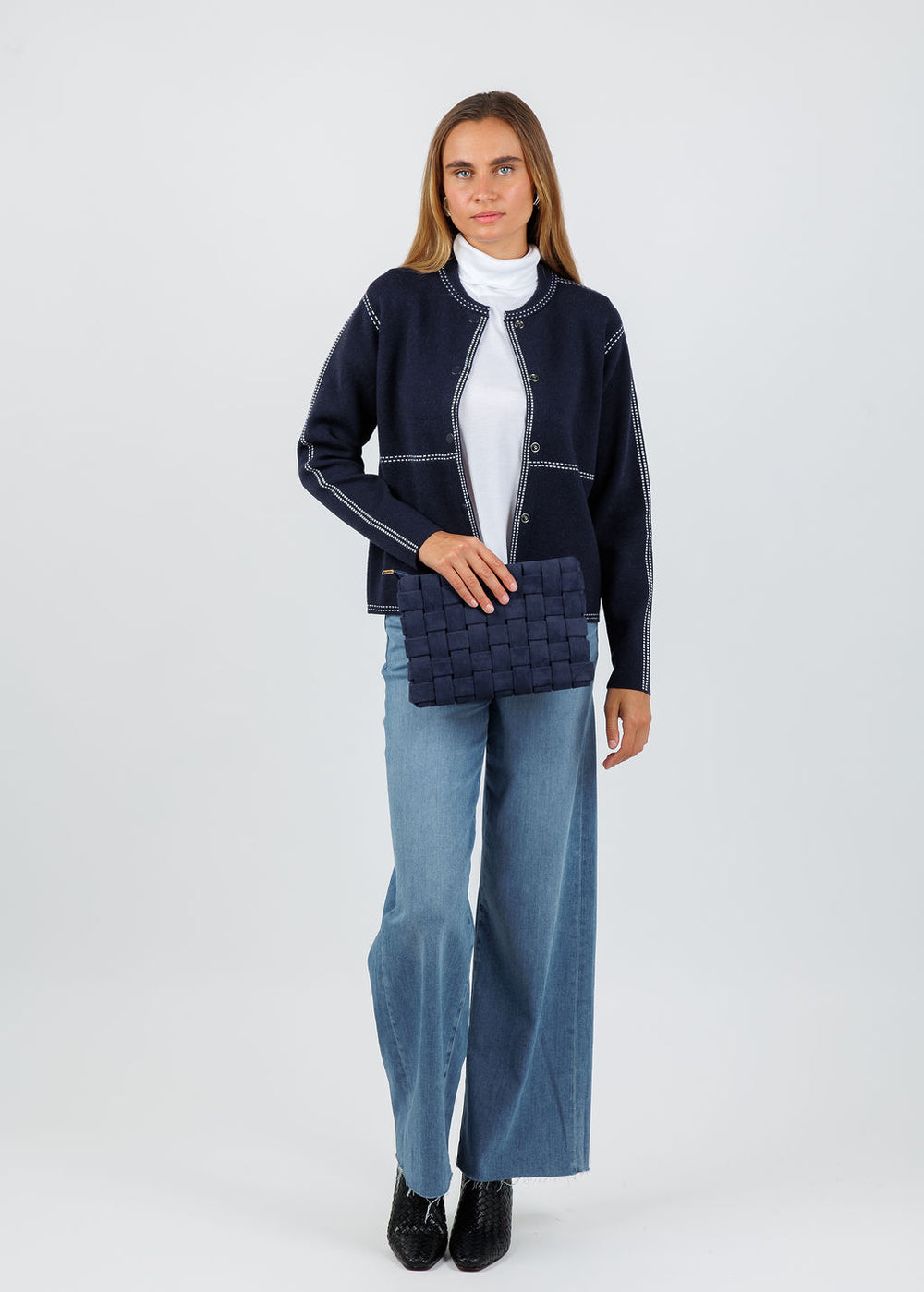 Elliott Lauren Bomber Stitch Sweater in Navy available at Barbara Katz