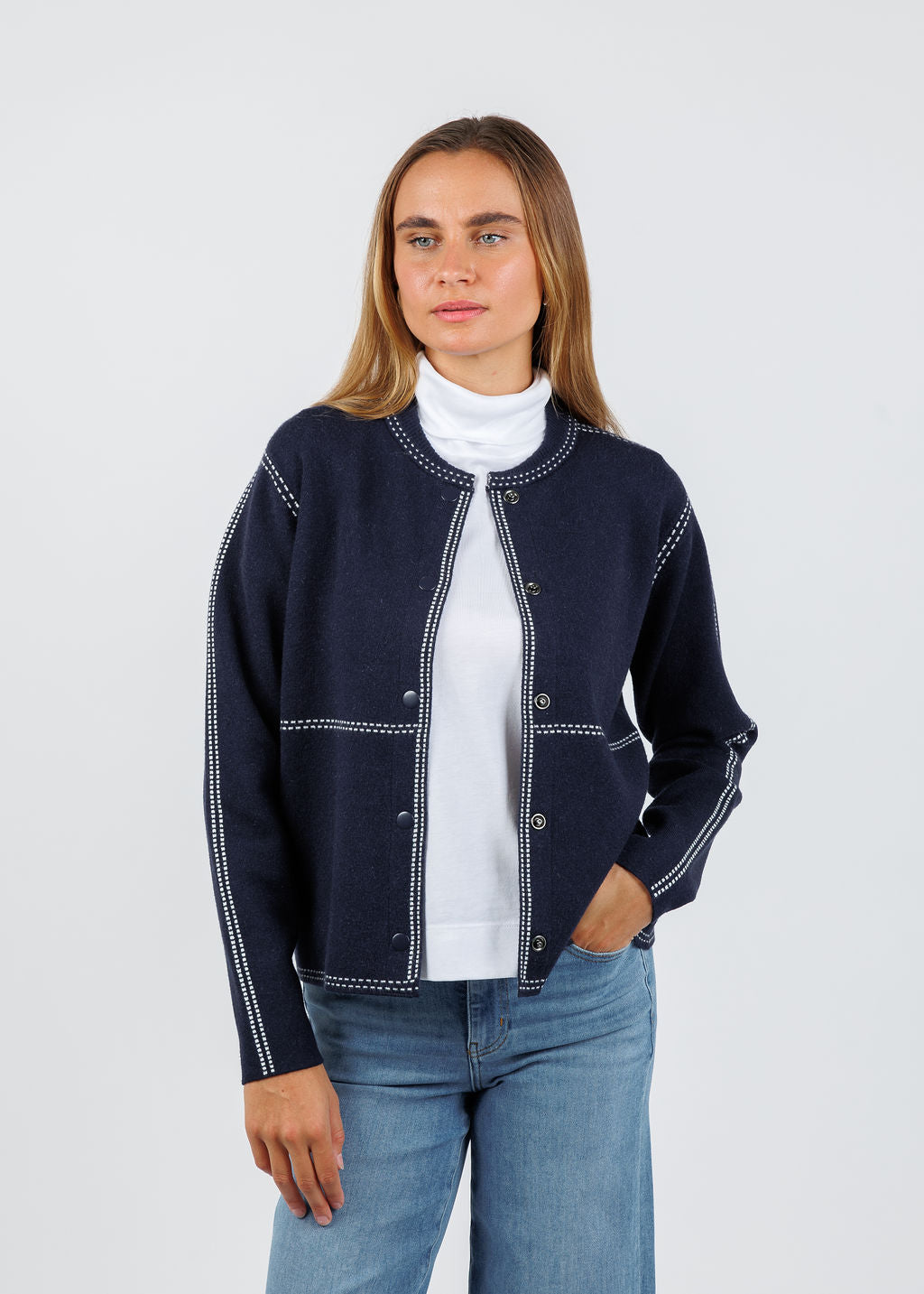 Elliott Lauren Bomber Stitch Sweater in Navy available at Barbara Katz