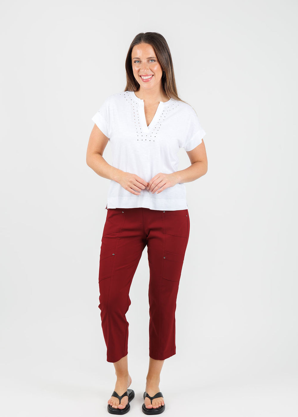 Elliott Lauren Ramy V-Neck Top With Mirror Sequin Detail paired with Elliott Lauren FW 25 Crop Cargo Pants in Sangria available at Barbara Katz
