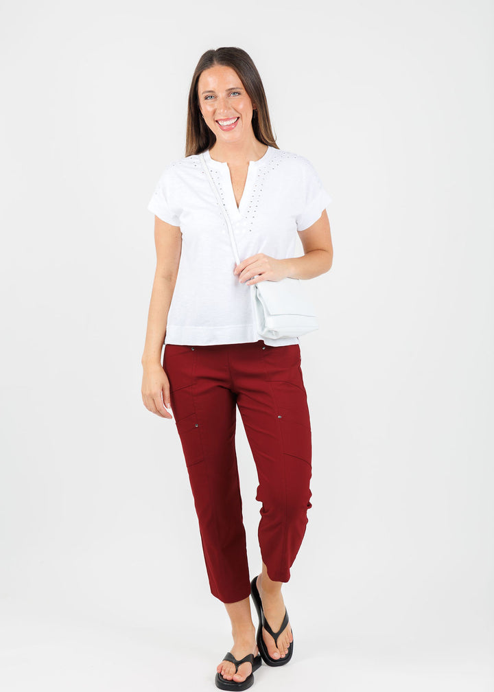 Elliott Lauren Ramy V-Neck Top With Mirror Sequin Detail paired with Elliott Lauren FW 25 Crop Cargo Pants in Sangria available at Barbara Katz
