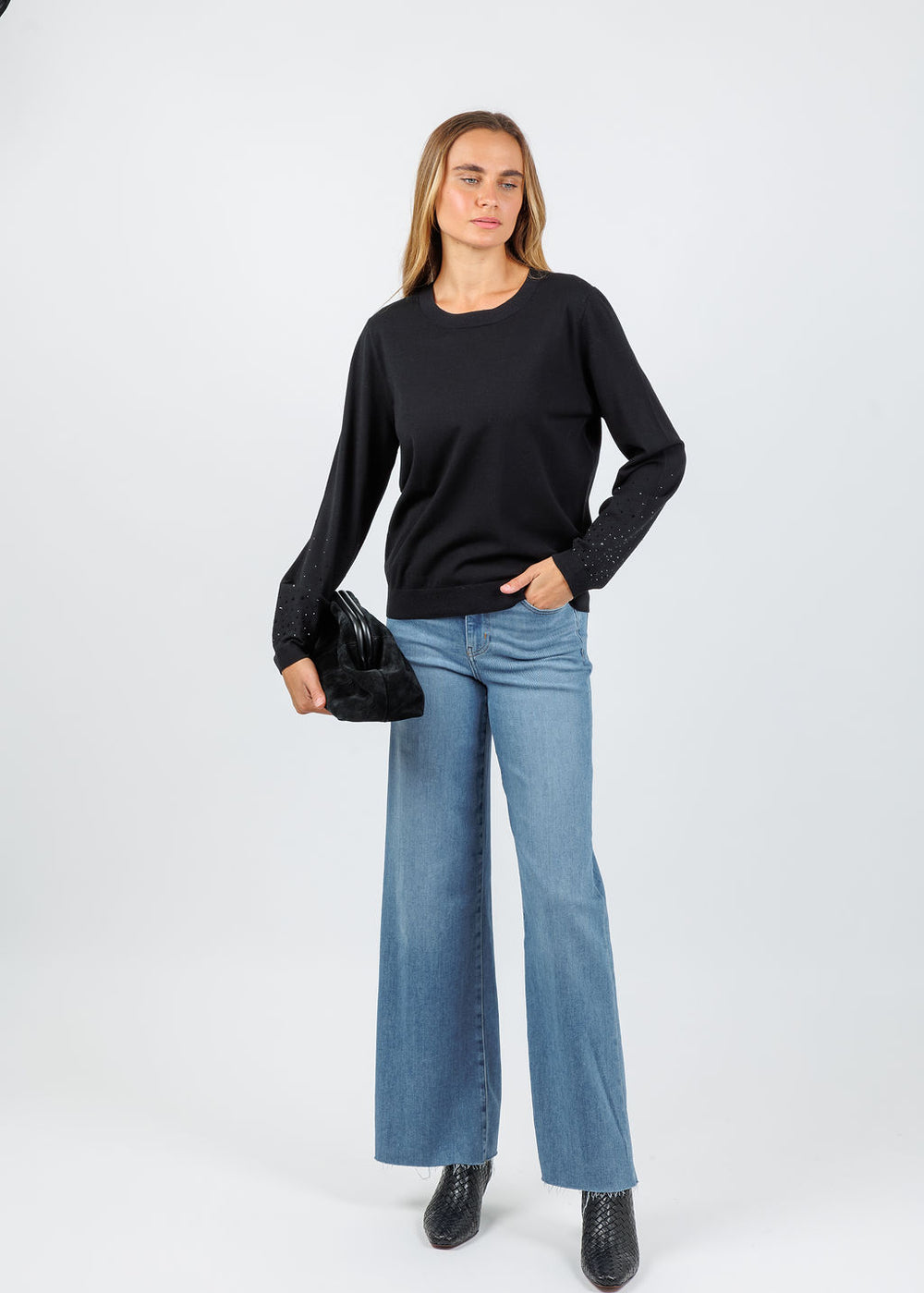 Elliott Lauren Crystal Sleeve Sweater in Black available at Barbara Katz