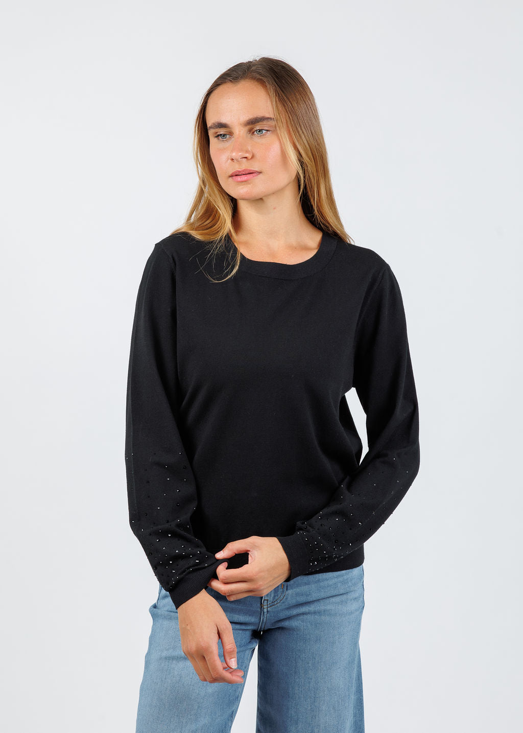 Elliott Lauren Crystal Sleeve Sweater in Black available at Barbara Katz