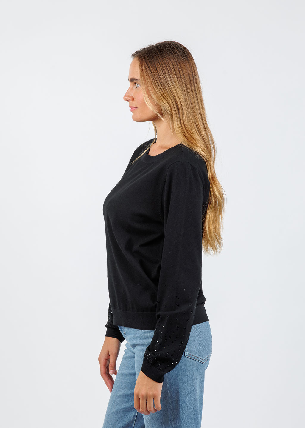 Elliott Lauren Crystal Sleeve Sweater in Black available at Barbara Katz