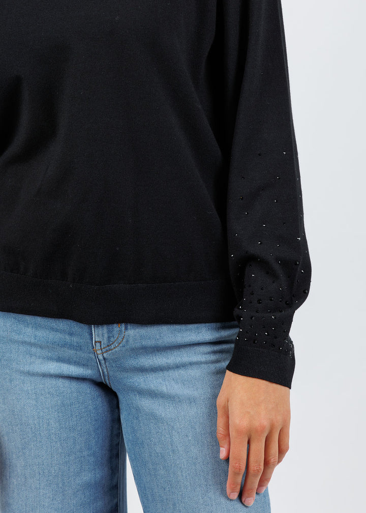 Elliott Lauren Crystal Sleeve Sweater in Black available at Barbara Katz