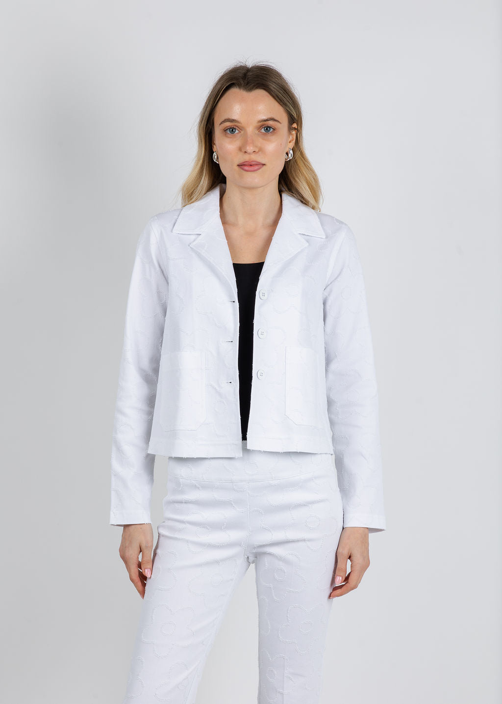 Elliott Lauren Daisy Button Front Jacket in White available at Barbara Katz