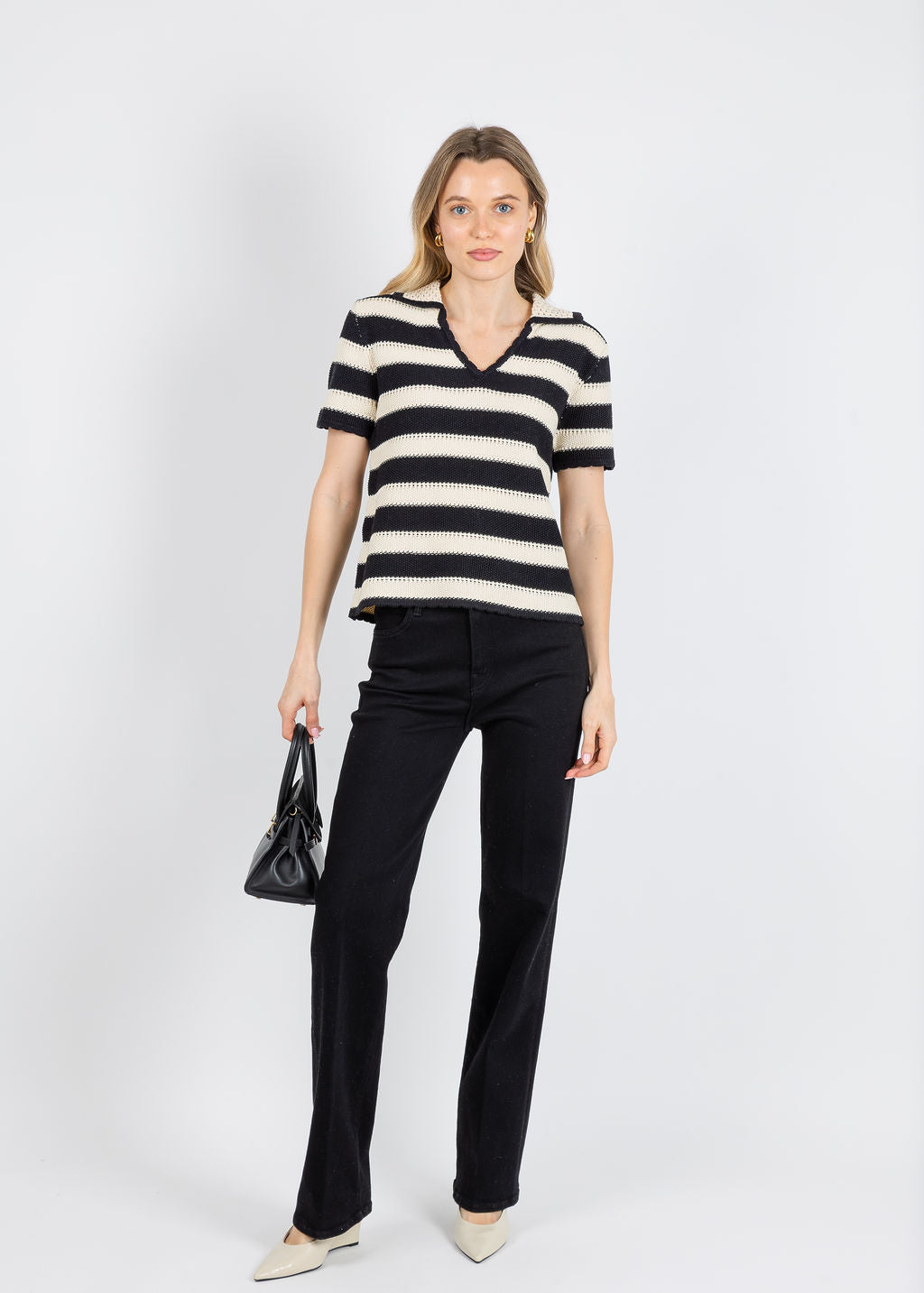 Elliott Lauren Polo Crochet Stripe Sweater in Black/White available at Barbara Katz