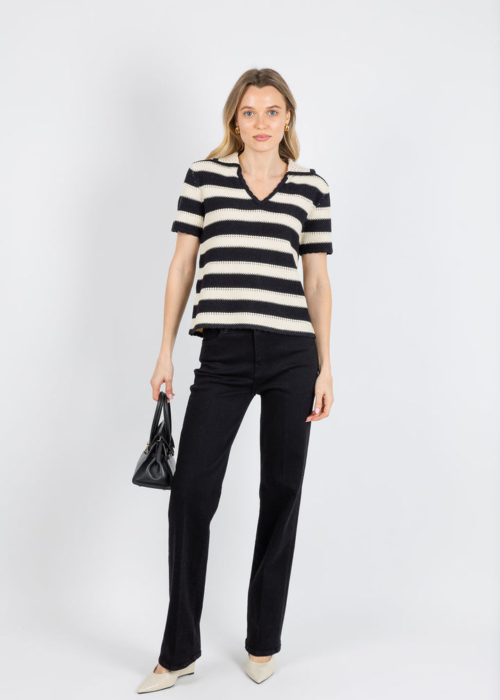Elliott Lauren Polo Crochet Stripe Sweater in Black/White available at Barbara Katz