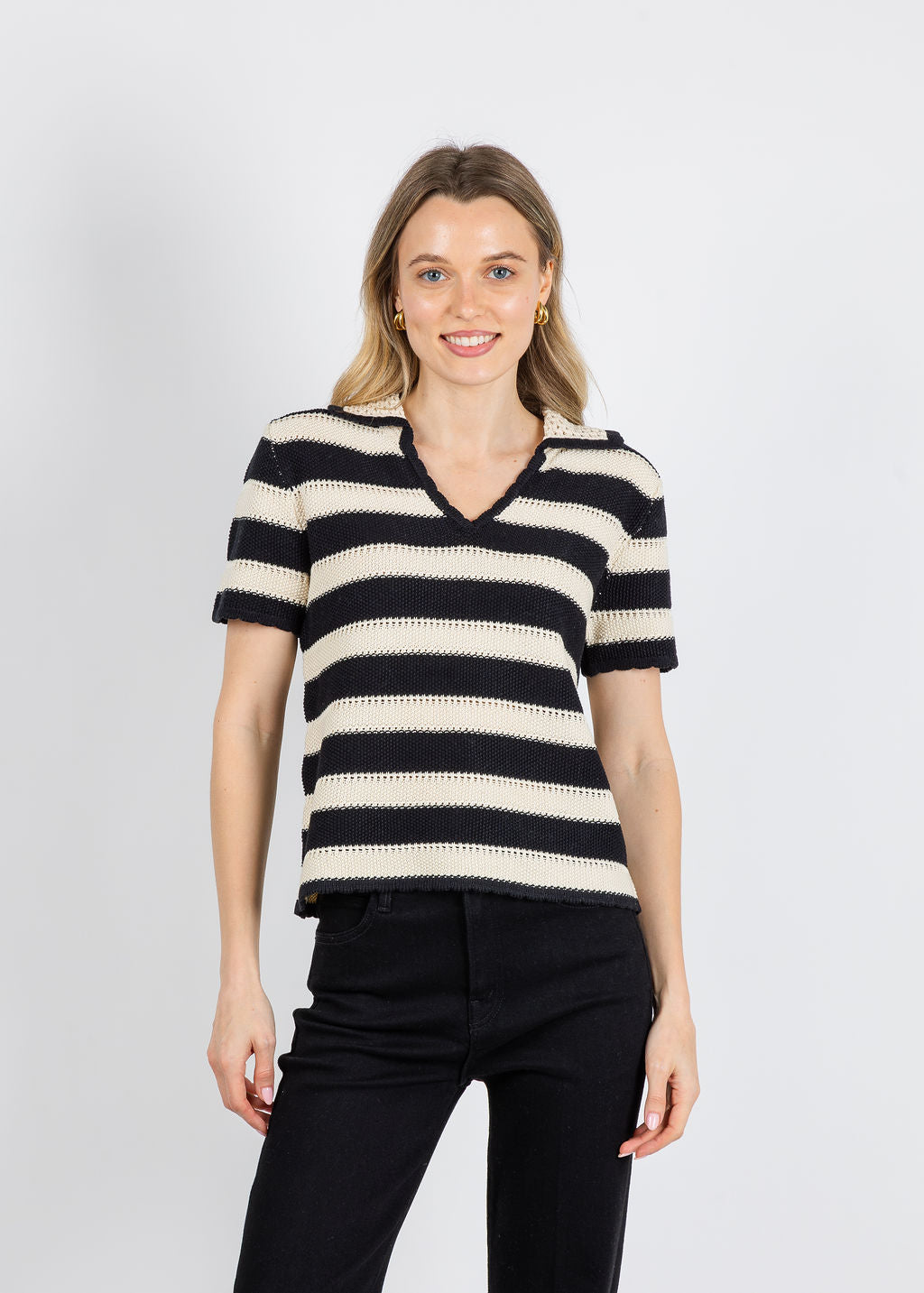 Elliott Lauren Polo Crochet Stripe Sweater in Black/White available at Barbara Katz