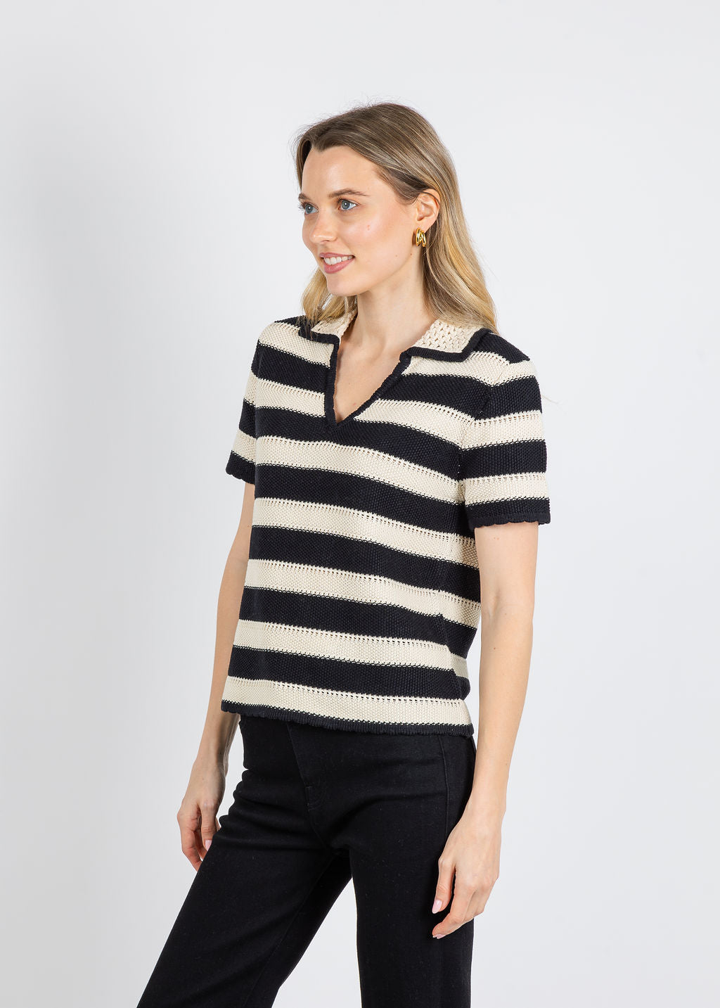 Elliott Lauren Polo Crochet Stripe Sweater in Black/White available at Barbara Katz