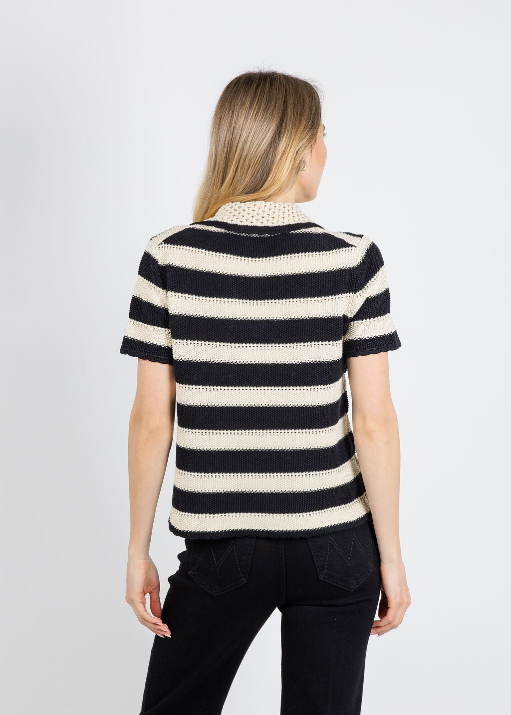 Elliott Lauren Polo Crochet Stripe Sweater in Black/White available at Barbara Katz