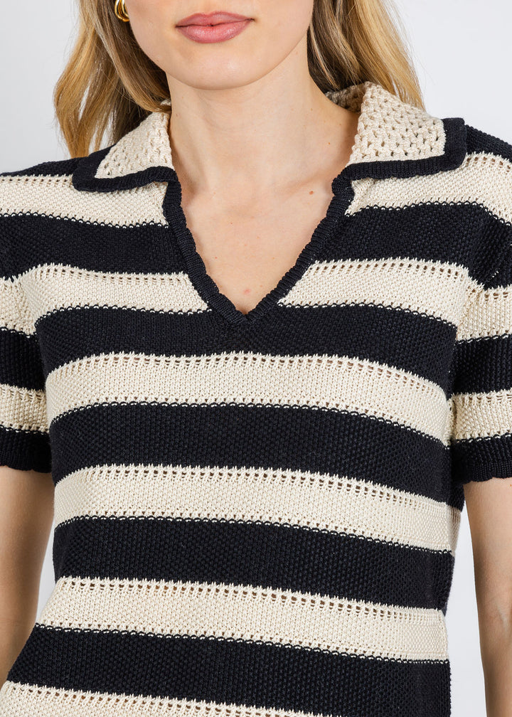 Elliott Lauren Polo Crochet Stripe Sweater in Black/White available at Barbara Katz