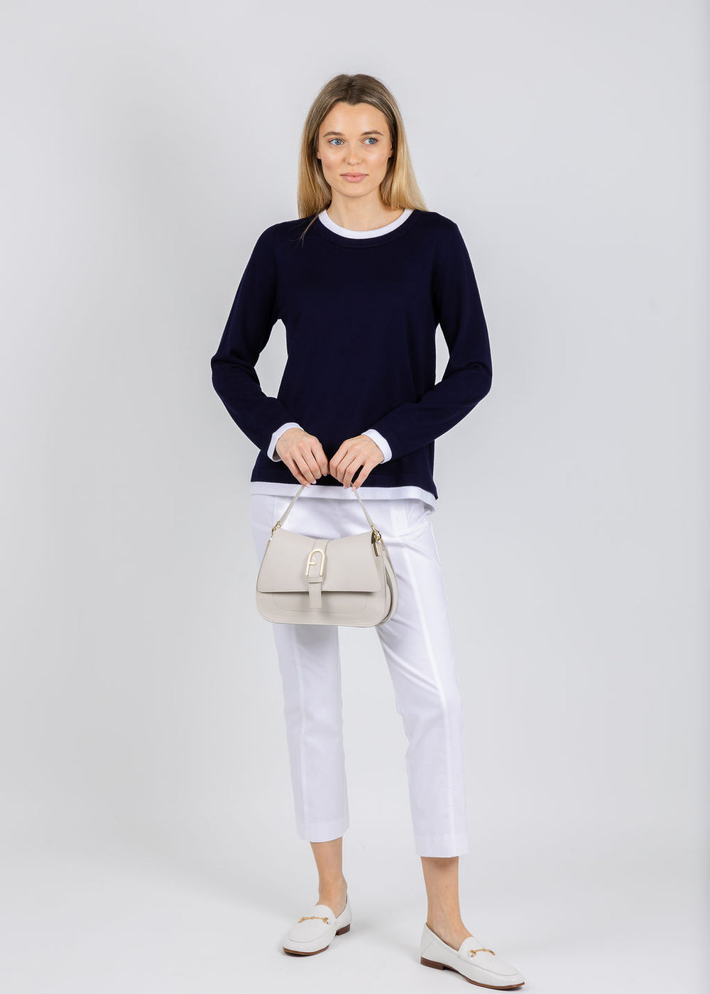 BK Double Layer Sweater in Navy/White paired with Elliott Lauren 25" Control Stretch Crop Pants in White available at Barbara Katz