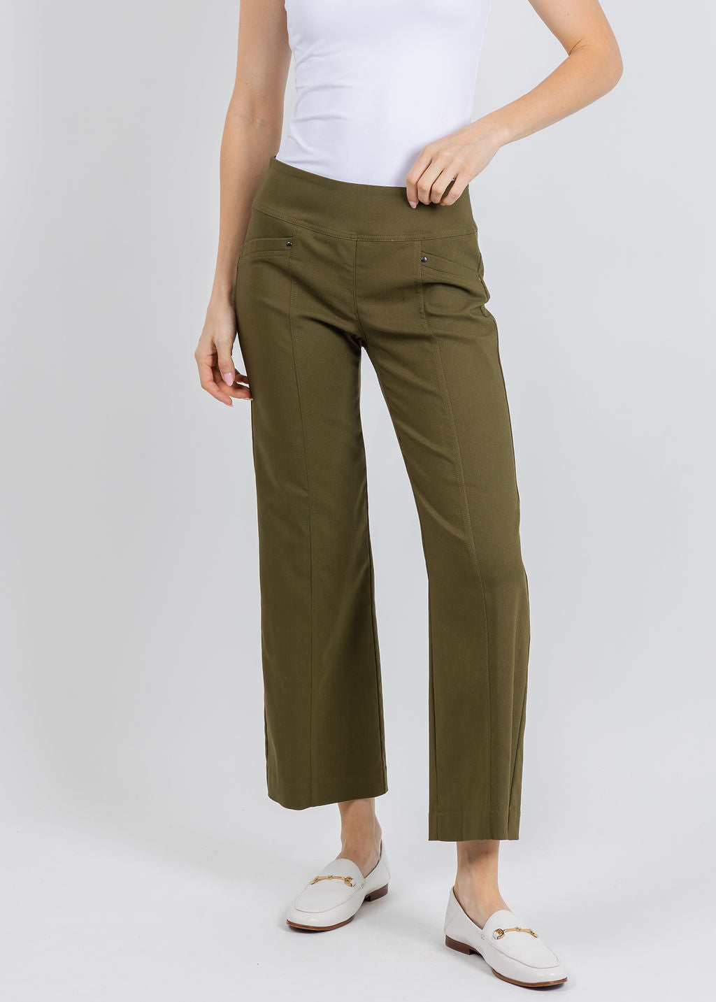 Elliott Lauren 27" Control Stretch Grommet Wide Leg Pants in Olive available at Barbara Katz