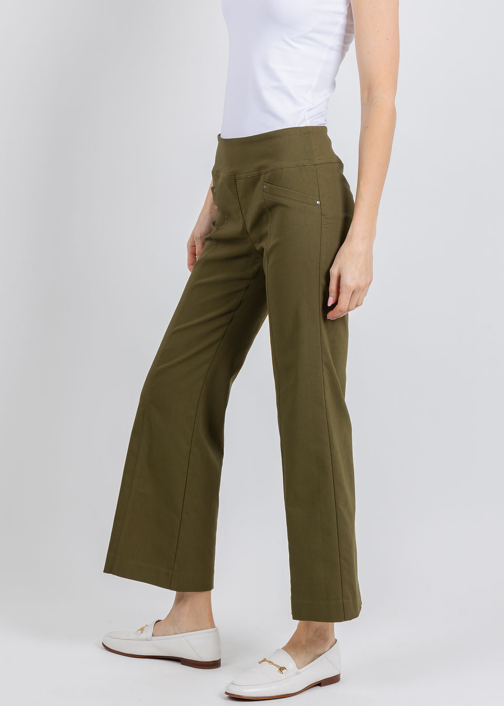 Elliott Lauren 27" Control Stretch Grommet Wide Leg Pants in Olive available at Barbara Katz