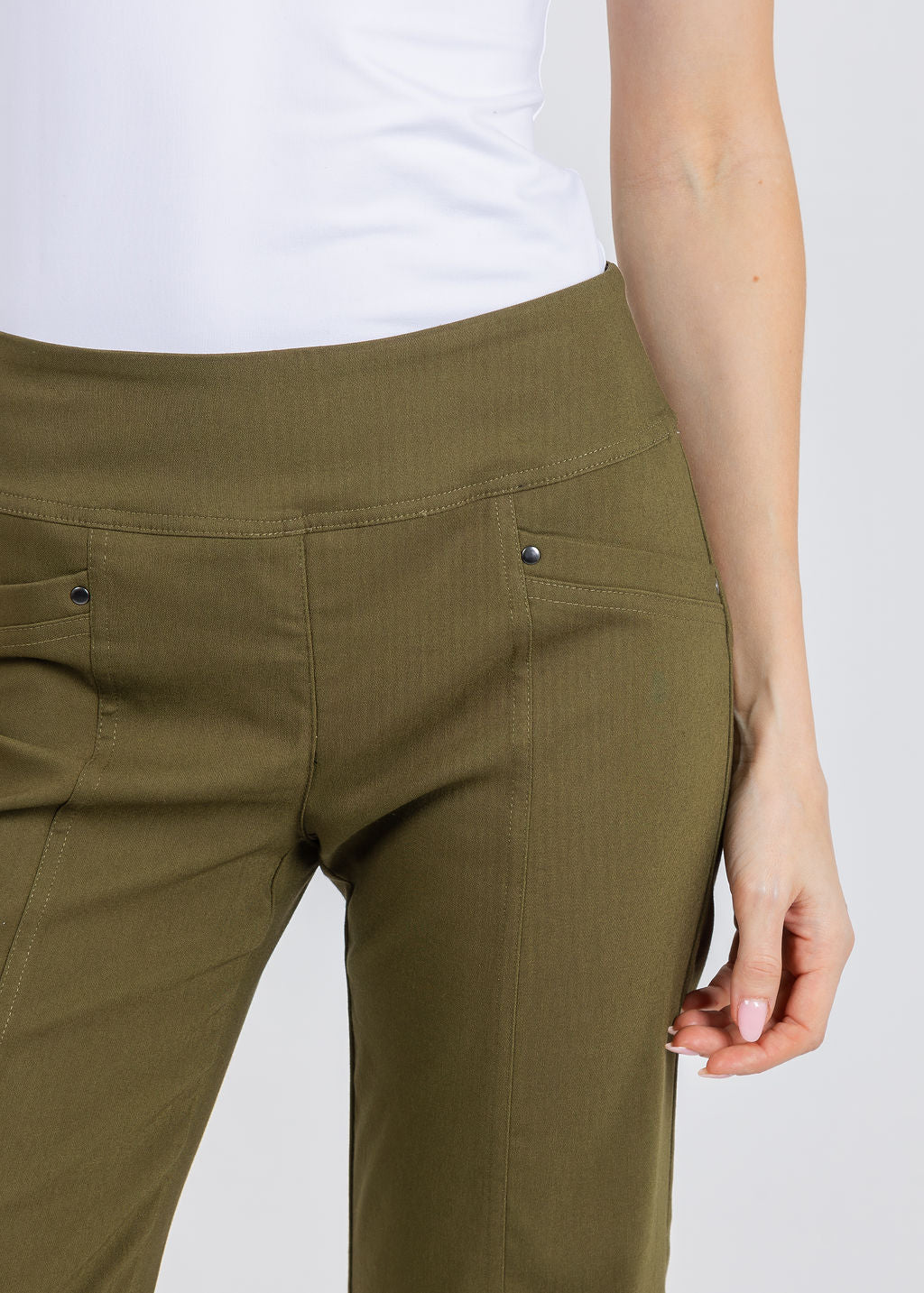 Elliott Lauren 27" Control Stretch Grommet Wide Leg Pants in Olive available at Barbara Katz