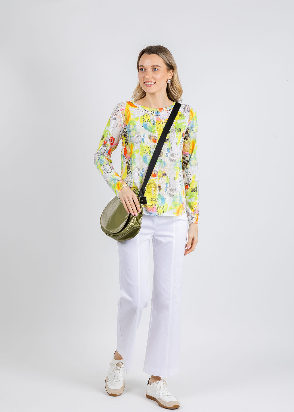 Elliott Lauren Flying Colors Crew Long Sleeve Printed Top in Multi paired with Elliott Lauren 27" Control Stretch Grommet Wide Leg Pants in White available at Barbara Katz