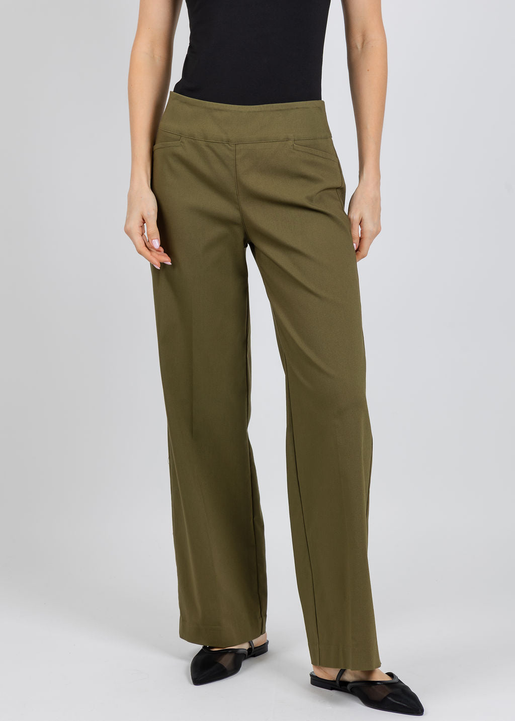 Elliott Lauren 30" Control Stretch Wide Leg Pants in Olive available at Barbara Katz