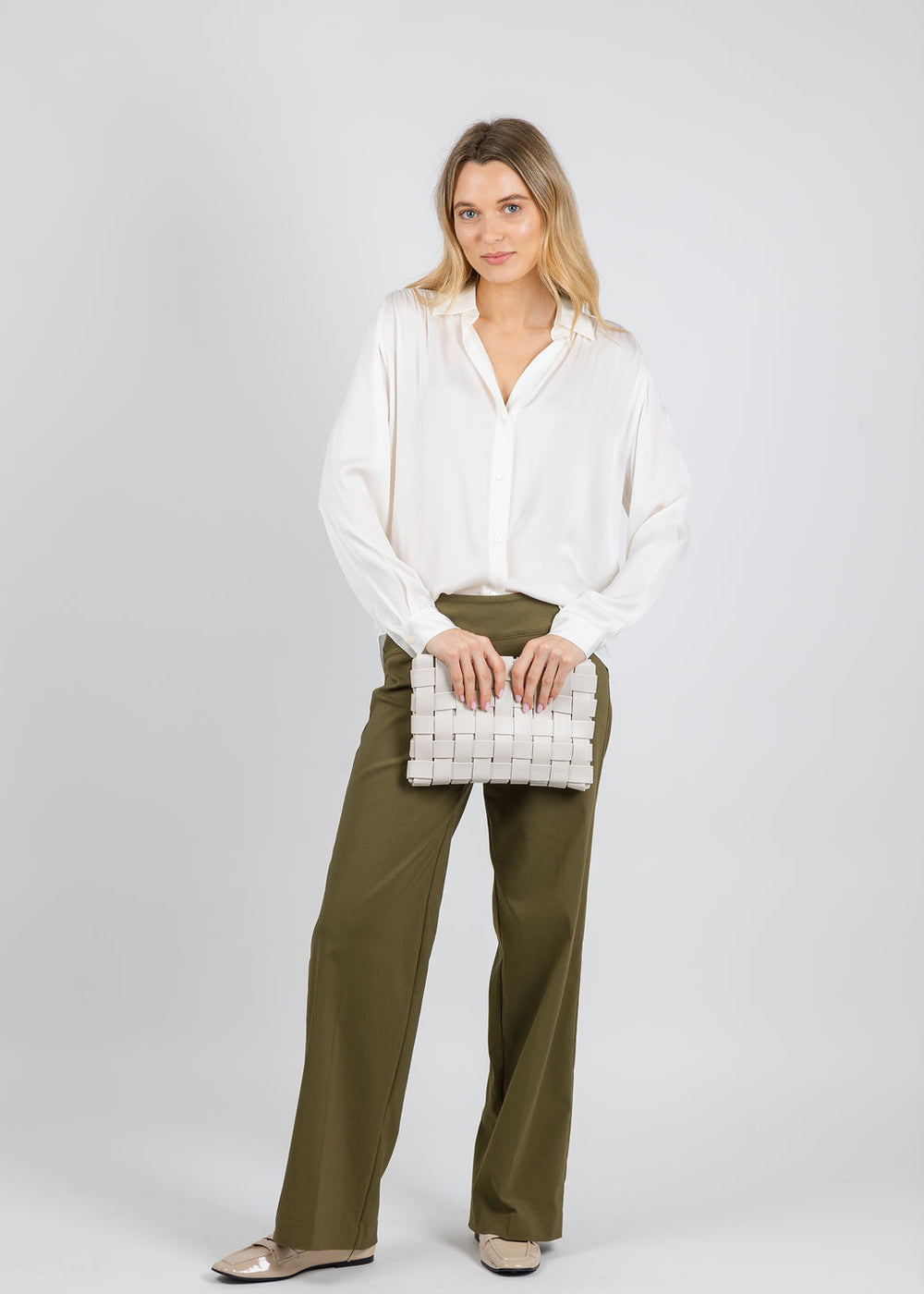 Repeat Silk Blouse in Cream paired with Elliott Lauren 30" Control Stretch Wide Leg Pants in Olive available at Barbara Katz