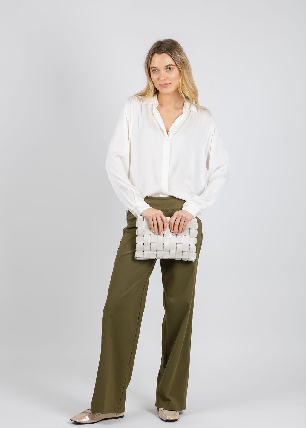 Repeat Silk Blouse in Cream paired with Elliott Lauren 30" Control Stretch Wide Leg Pants in Olive available at Barbara Katz