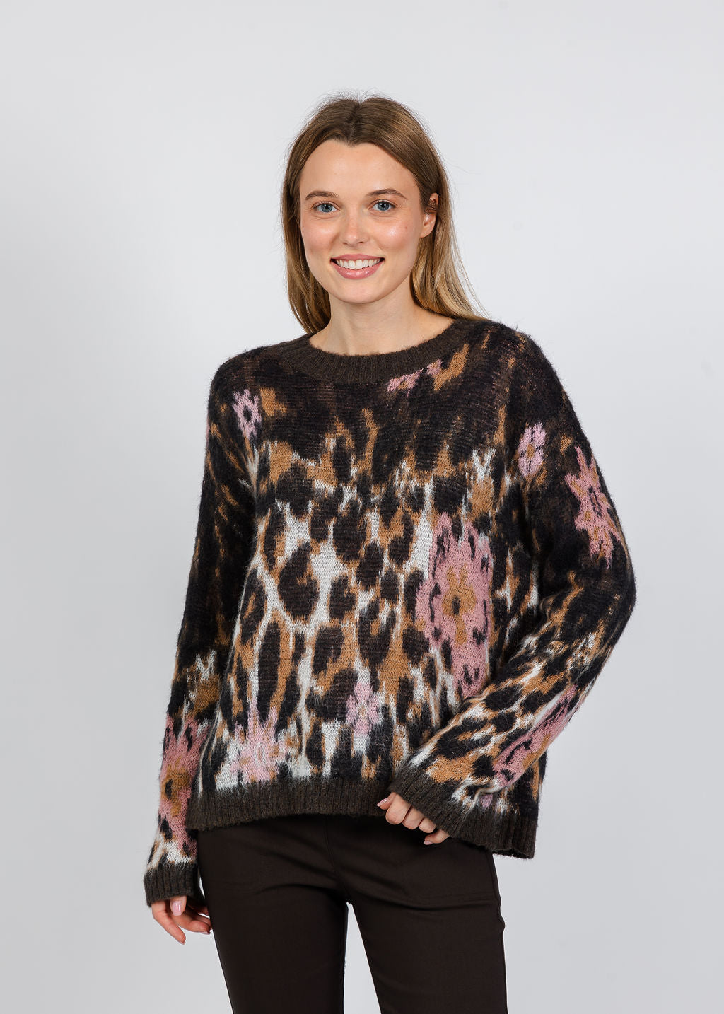 Elliott Lauren Animal Brushed Jacquard Sweater in Brown Multi available at Barbara Katz