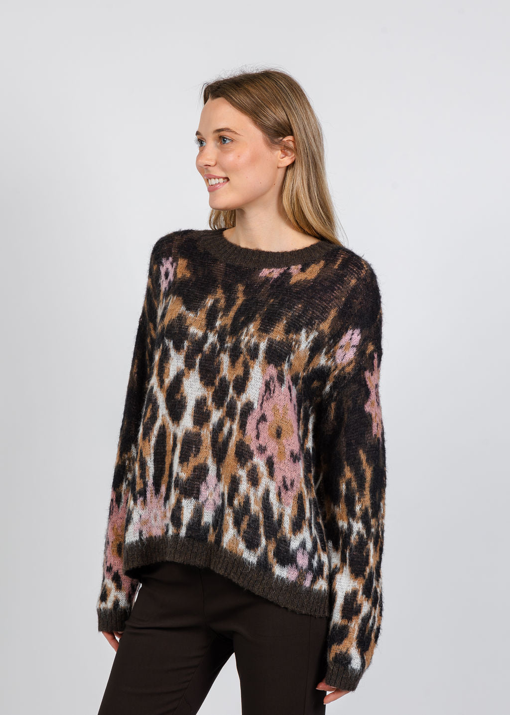 Elliott Lauren Animal Brushed Jacquard Sweater in Brown Multi available at Barbara Katz