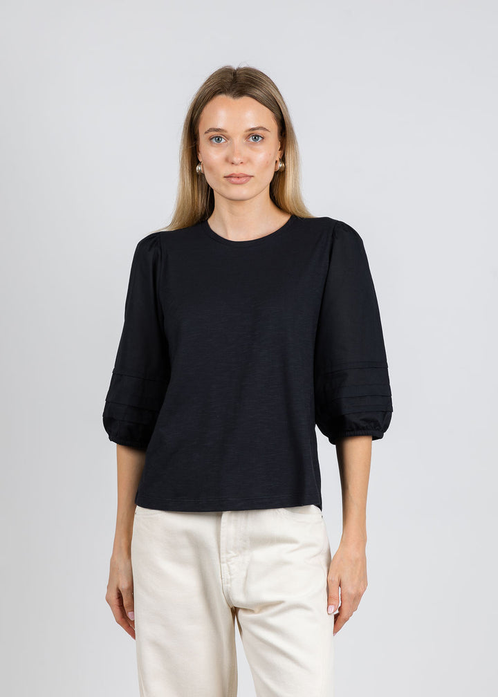 Balloon Sleeve Knit/Woven Combo Top - Black