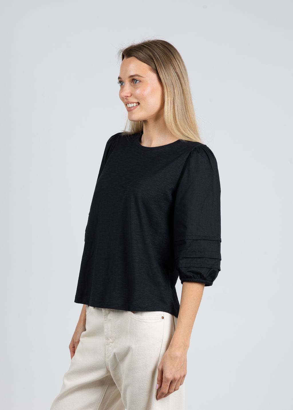 Balloon Sleeve Knit/Woven Combo Top - Black