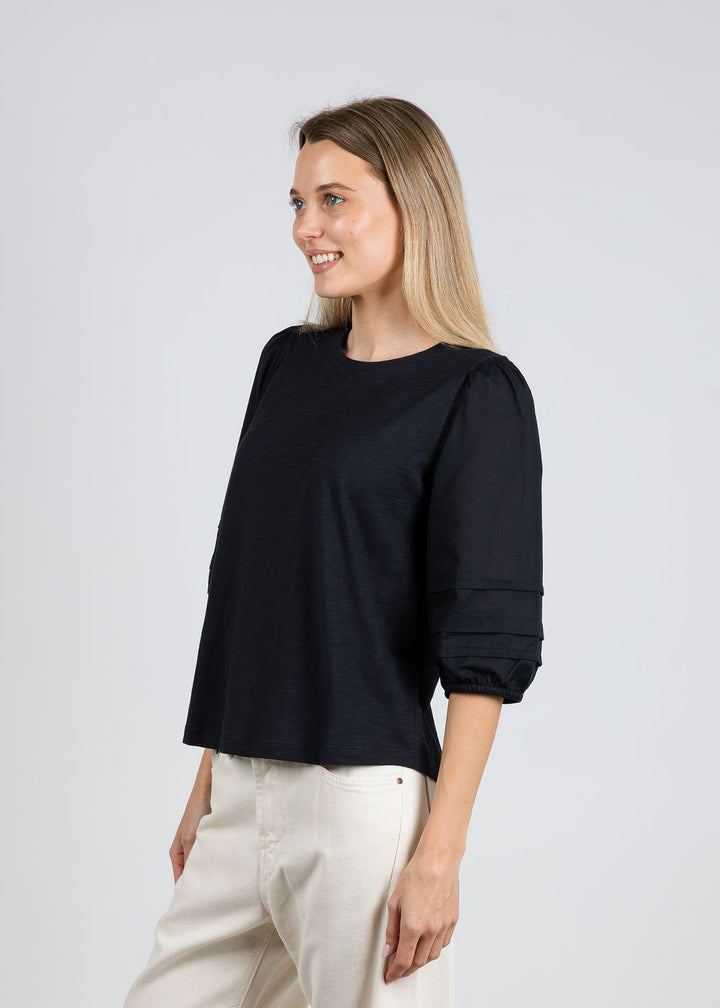 Balloon Sleeve Knit/Woven Combo Top - Black