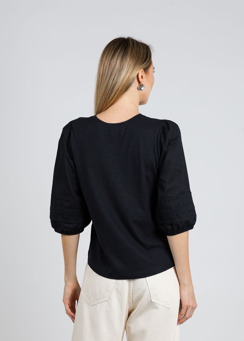 Balloon Sleeve Knit/Woven Combo Top - Black