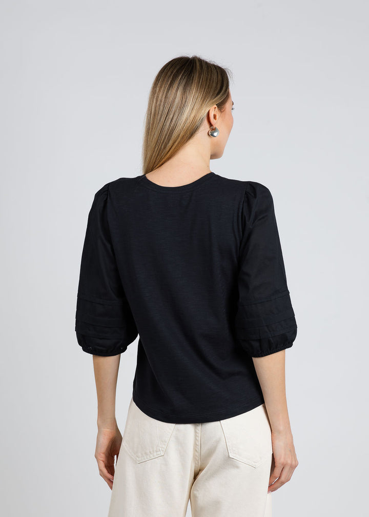 Balloon Sleeve Knit/Woven Combo Top - Black