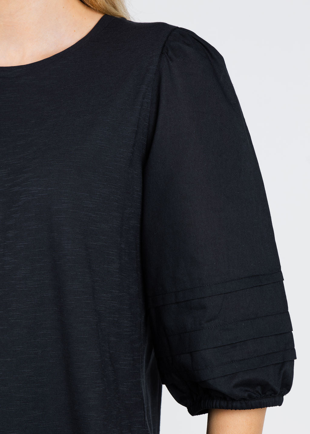 Balloon Sleeve Knit/Woven Combo Top - Black