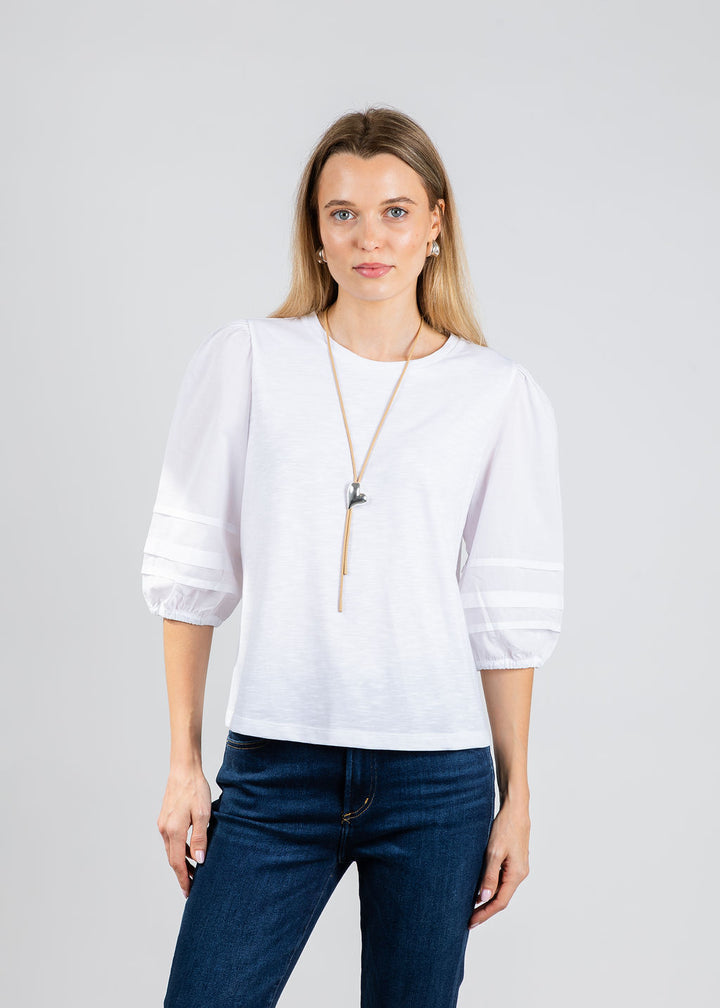 Elliott Lauren Balloon Sleeve Knit/Woven Combo Top in White available at Barbara Katz