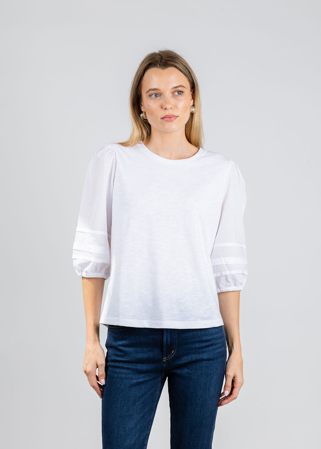 Elliott Lauren Balloon Sleeve Knit/Woven Combo Top in White available at Barbara Katz
