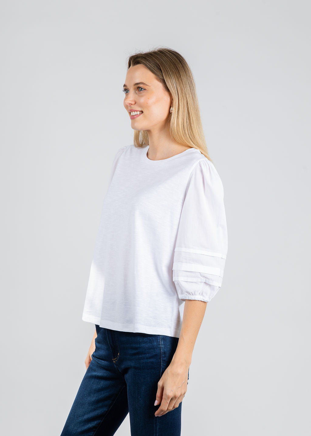 Elliott Lauren Balloon Sleeve Knit/Woven Combo Top in White available at Barbara Katz
