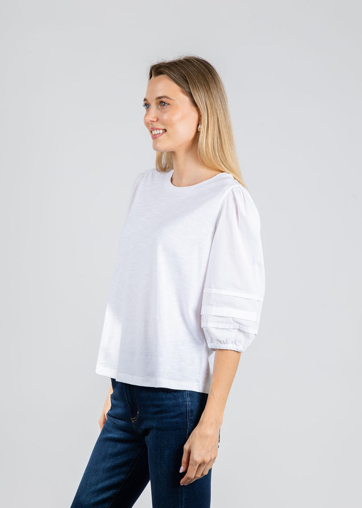 Elliott Lauren Balloon Sleeve Knit/Woven Combo Top in White available at Barbara Katz