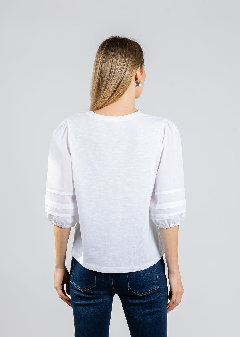 Elliott Lauren Balloon Sleeve Knit/Woven Combo Top in White available at Barbara Katz