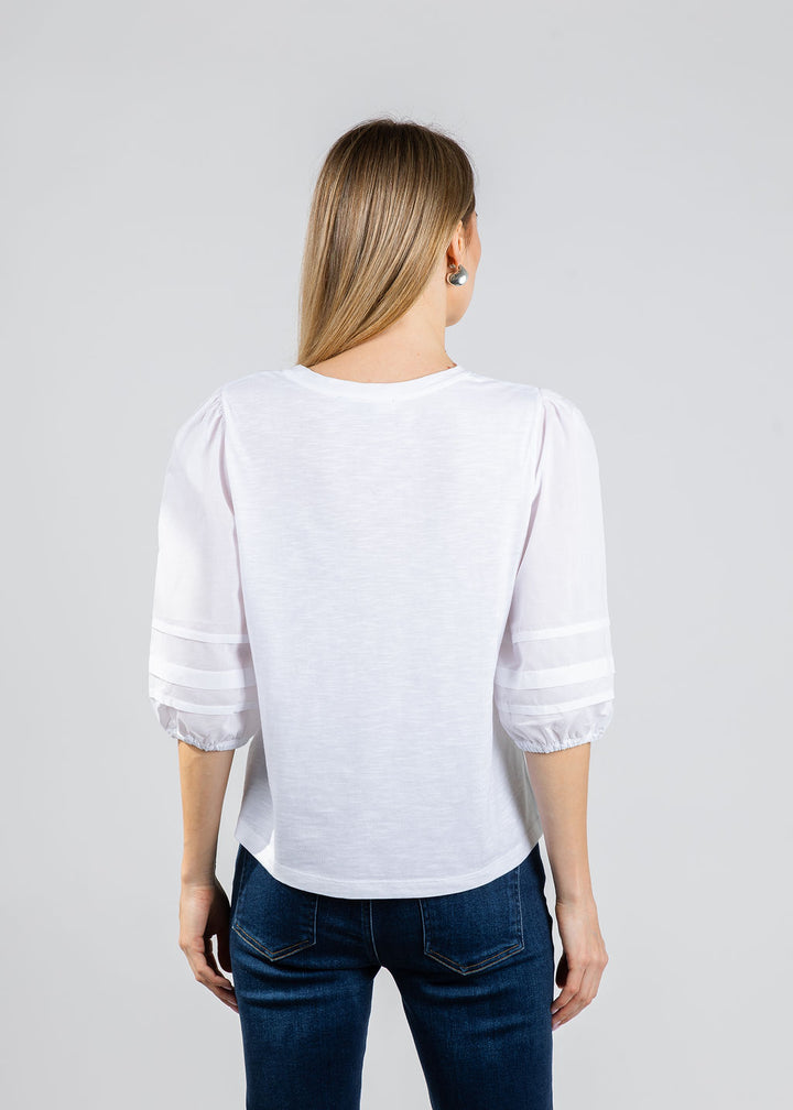 Elliott Lauren Balloon Sleeve Knit/Woven Combo Top in White available at Barbara Katz
