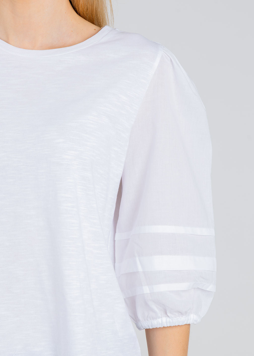 Elliott Lauren Balloon Sleeve Knit/Woven Combo Top in White available at Barbara Katz