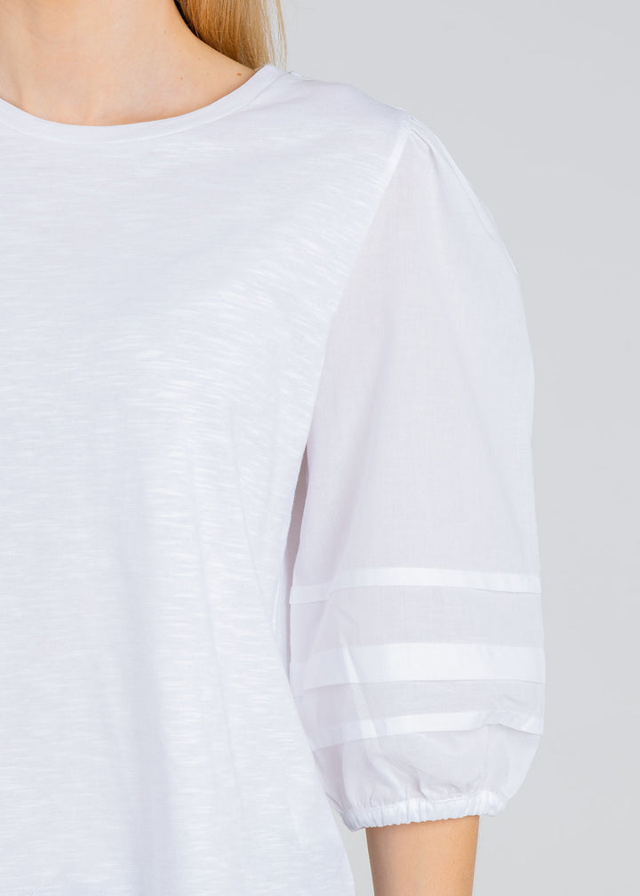Elliott Lauren Balloon Sleeve Knit/Woven Combo Top in White available at Barbara Katz