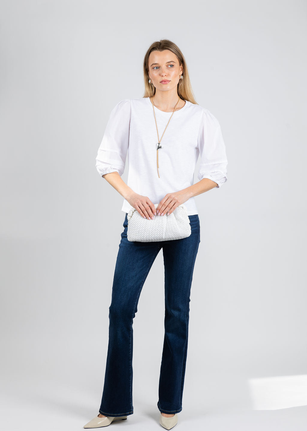 Elliott Lauren Balloon Sleeve Knit/Woven Combo Top in White available at Barbara Katz