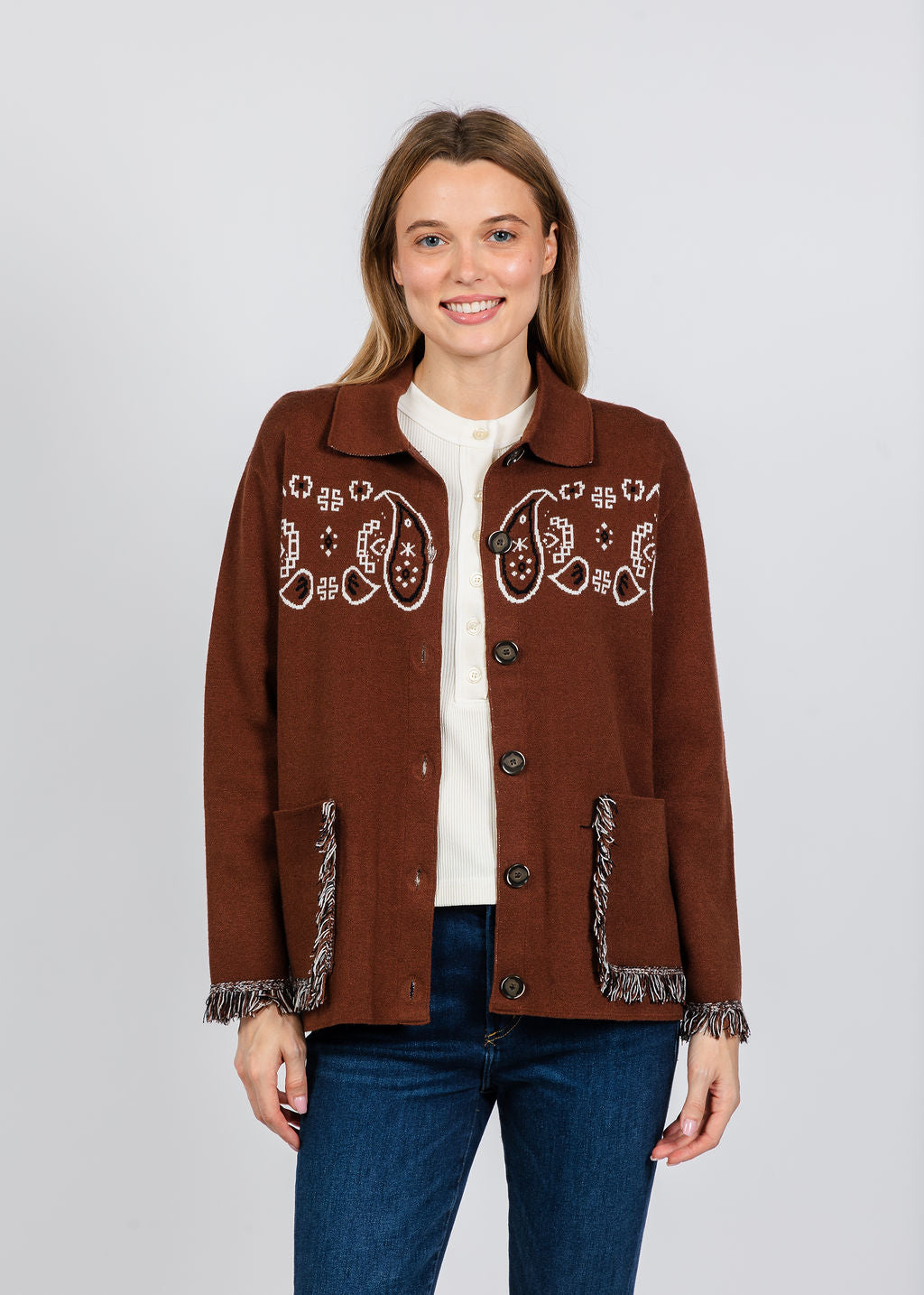 Elliott Lauren Bandana Jacket With Fringe in Chocolate available at Barbara Katz