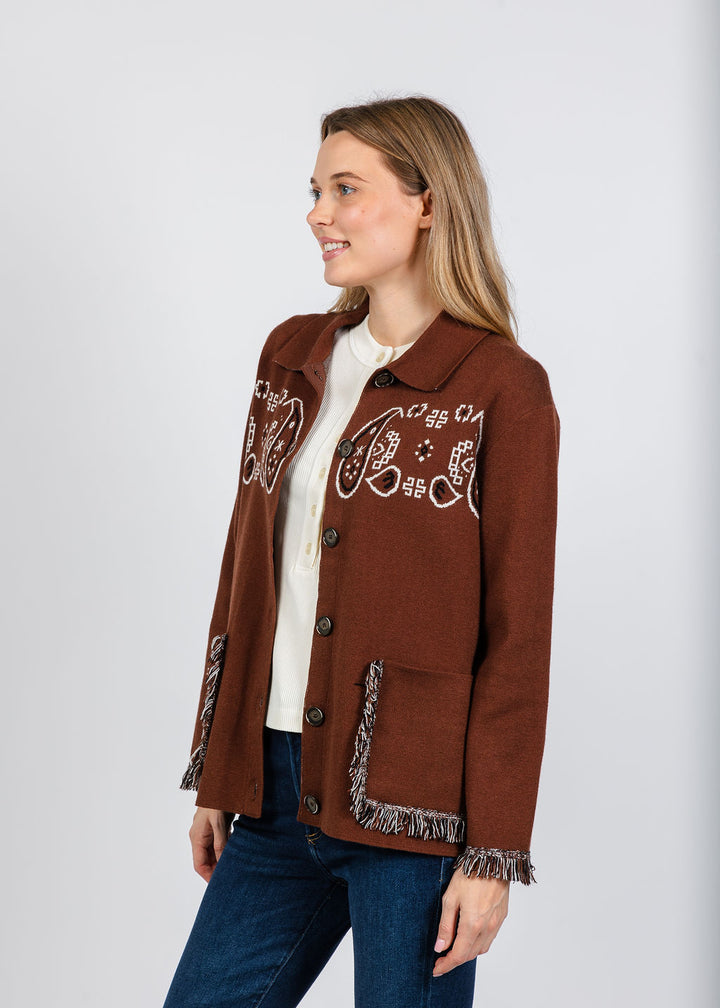 Elliott Lauren Bandana Jacket With Fringe in Chocolate available at Barbara Katz